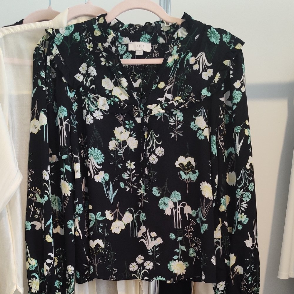 LOFT Black Blouse with Green and White Floral Pattern